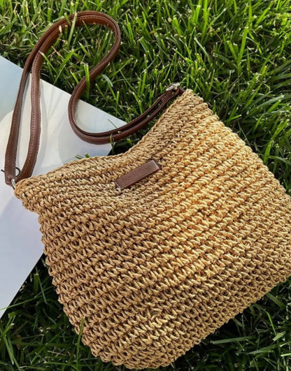 Sac d'épaule en paille de qualité supérieure pour femme avec bandoulière réglable en cuir végétal – Idéal pour un usage quotidien
