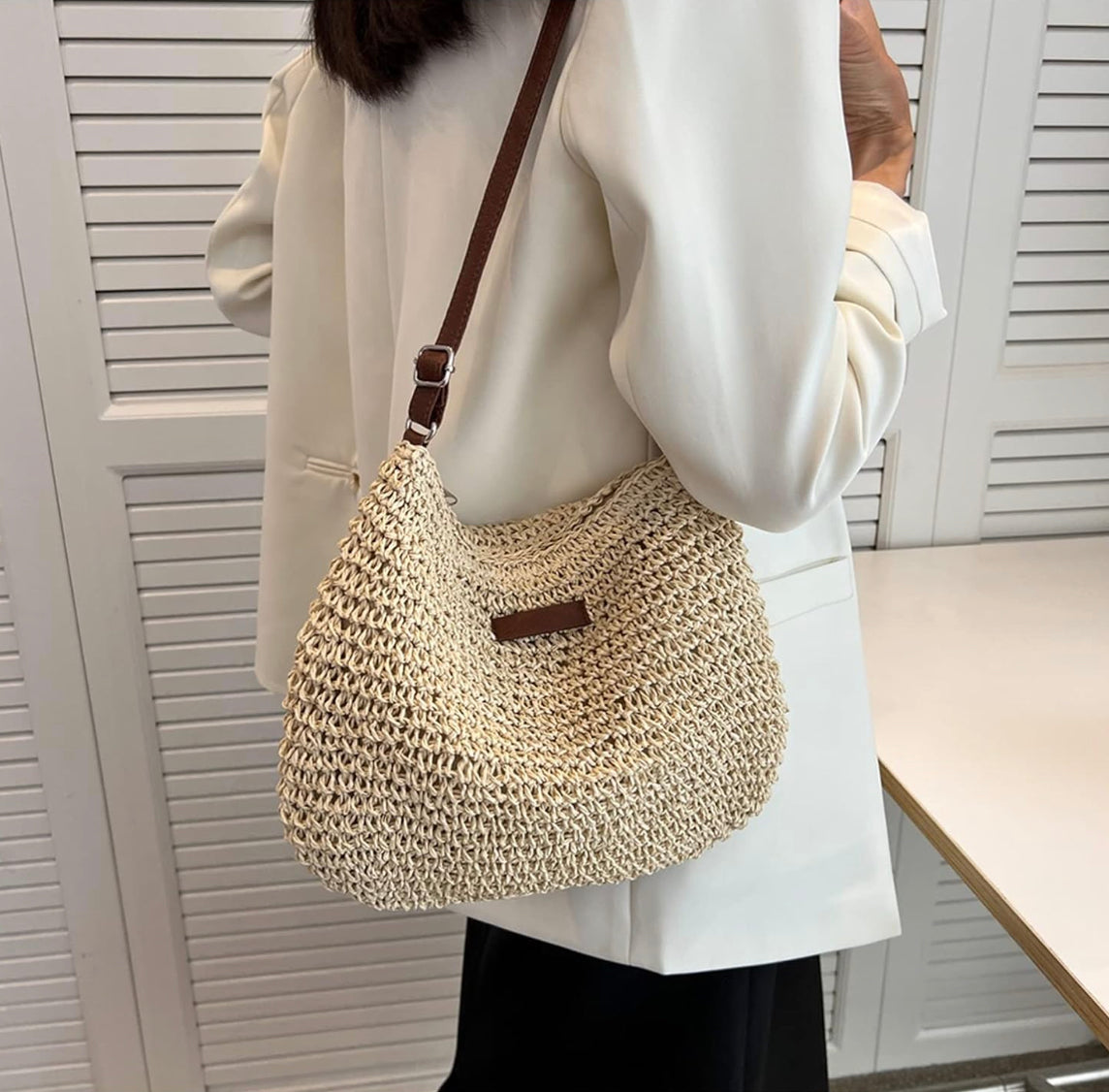 Sac d'épaule en paille de qualité supérieure pour femme avec bandoulière réglable en cuir végétal – Idéal pour un usage quotidien