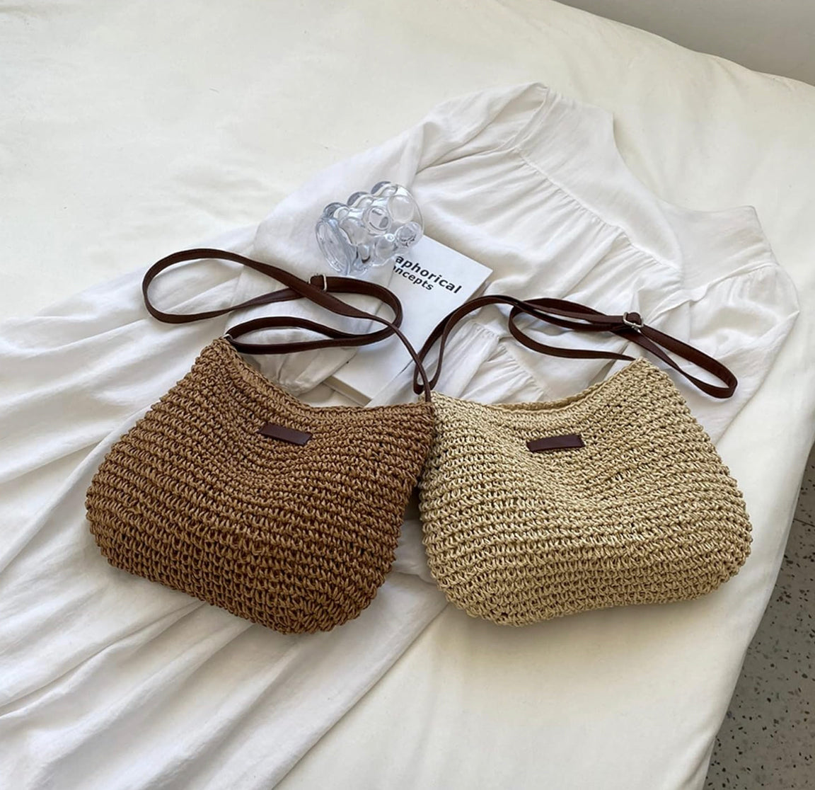 Sac d'épaule en paille de qualité supérieure pour femme avec bandoulière réglable en cuir végétal – Idéal pour un usage quotidien