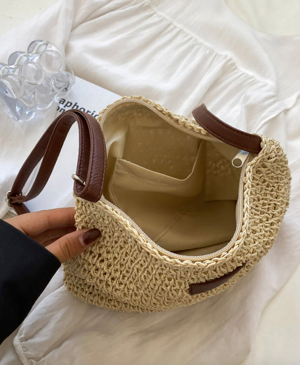Sac d'épaule en paille de qualité supérieure pour femme avec bandoulière réglable en cuir végétal – Idéal pour un usage quotidien