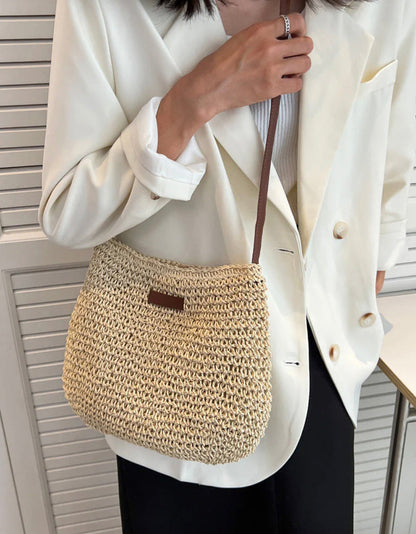 Sac d'épaule en paille de qualité supérieure pour femme avec bandoulière réglable en cuir végétal – Idéal pour un usage quotidien