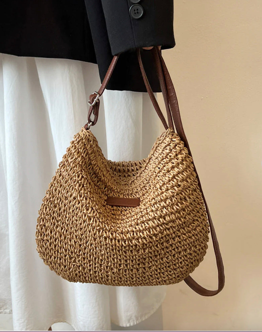 Sac d'épaule en paille de qualité supérieure pour femme avec bandoulière réglable en cuir végétal – Idéal pour un usage quotidien