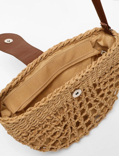 Sac à main en osier élégant pour femme avec poche intérieure – Sac d'épaule pratique en paille et cuir