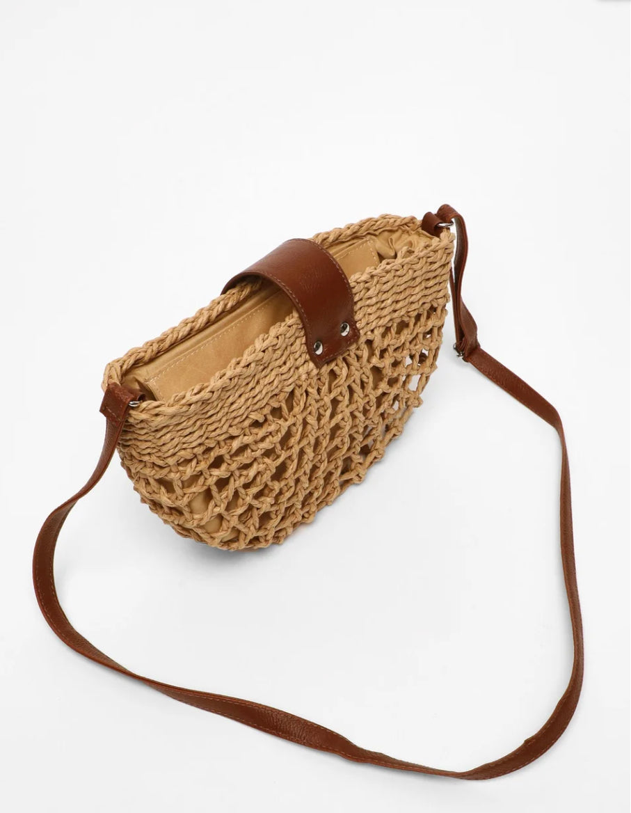 Sac à main en osier élégant pour femme avec poche intérieure – Sac d'épaule pratique en paille et cuir