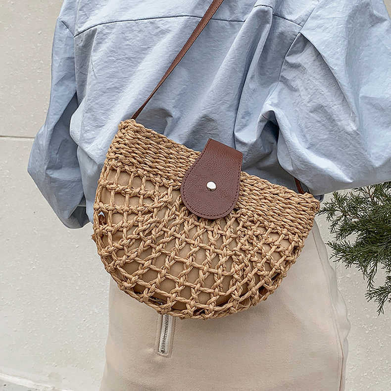 Sac à main en osier élégant pour femme avec poche intérieure – Sac d'épaule pratique en paille et cuir
