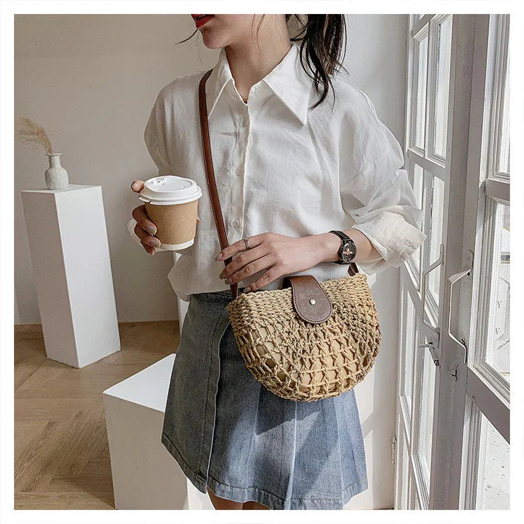 Sac à main en osier élégant pour femme avec poche intérieure – Sac d'épaule pratique en paille et cuir