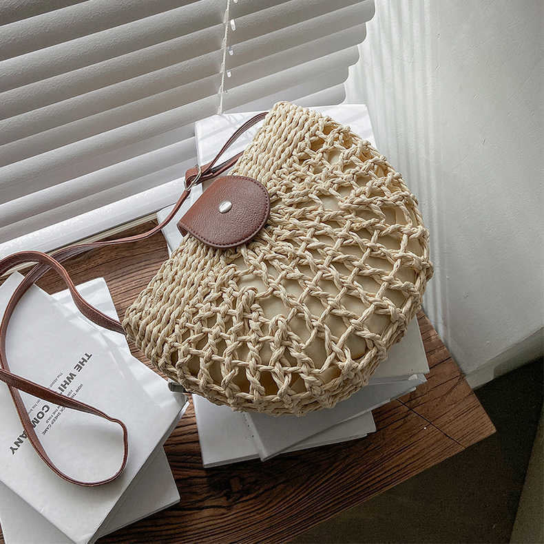 Sac à main en osier élégant pour femme avec poche intérieure – Sac d'épaule pratique en paille et cuir