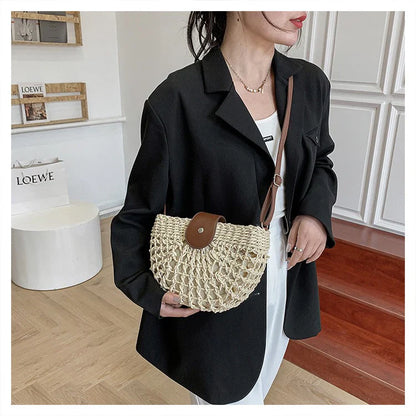 Sac à main en osier élégant pour femme avec poche intérieure – Sac d'épaule pratique en paille et cuir