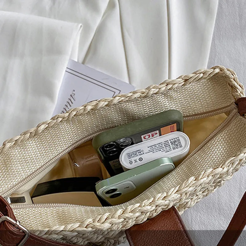 Sac à main en osier élégant pour femme avec poche intérieure – Sac d'épaule pratique en paille et cuir