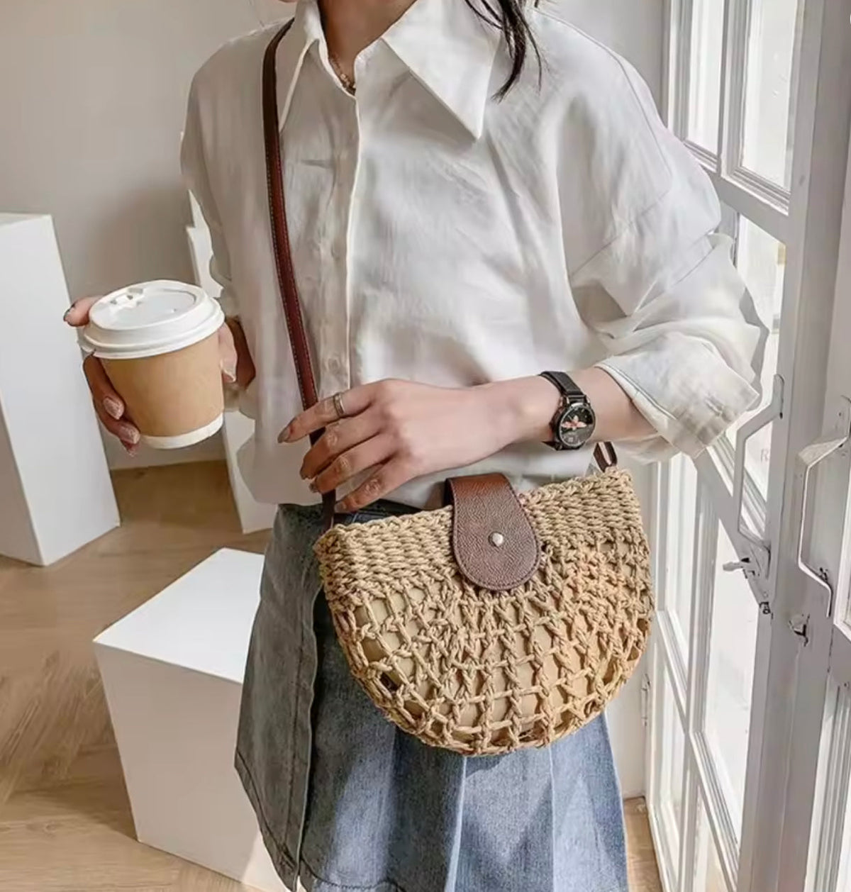 Sac à main en osier élégant pour femme avec poche intérieure – Sac d'épaule pratique en paille et cuir