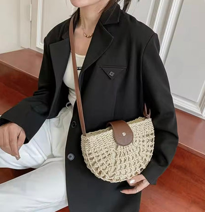 Sac à main en osier élégant pour femme avec poche intérieure – Sac d'épaule pratique en paille et cuir