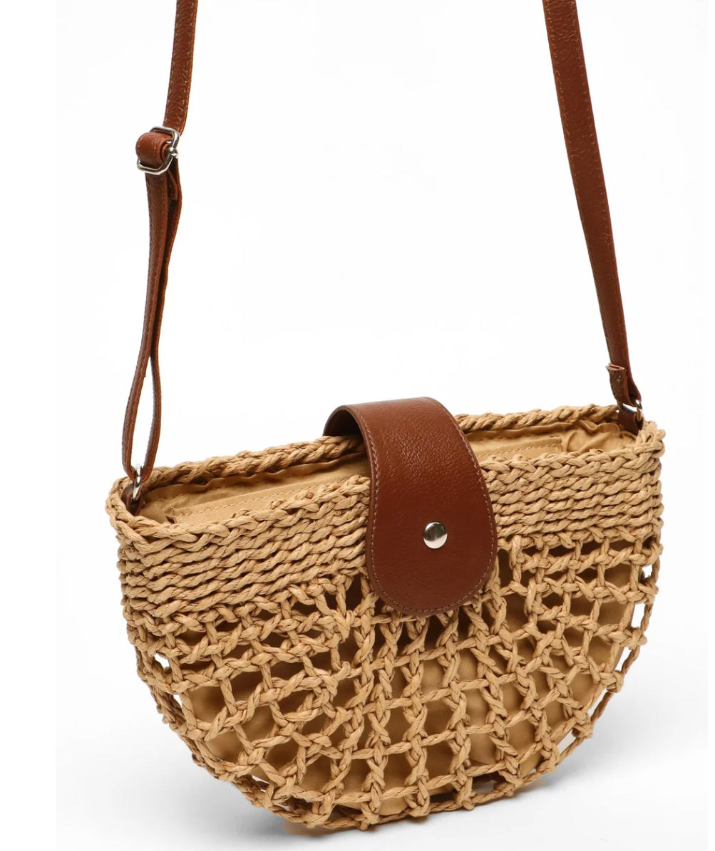 Sac à main en osier élégant pour femme avec poche intérieure – Sac d'épaule pratique en paille et cuir