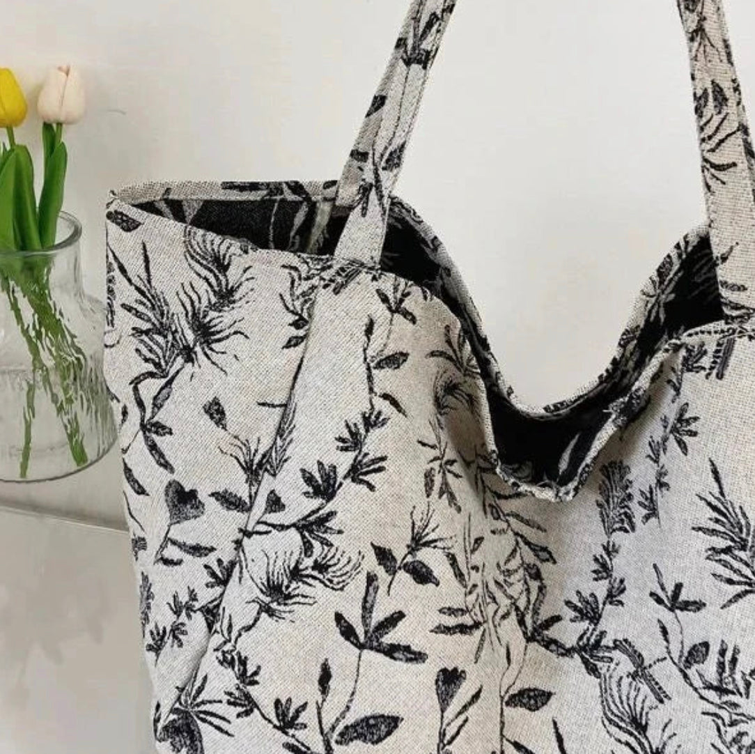 Sac de courses en polyester multicolore avec motif végétal – Élégance chic BCBG pour femmes, grande capacité et double poignée