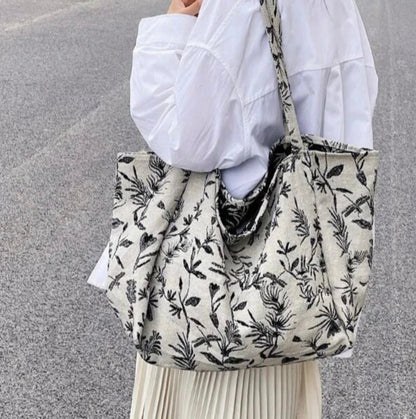 Sac de courses en polyester multicolore avec motif végétal – Élégance chic BCBG pour femmes, grande capacité et double poignée