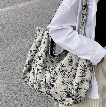 Sac de courses en polyester multicolore avec motif végétal – Élégance chic BCBG pour femmes, grande capacité et double poignée