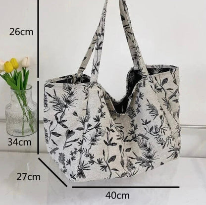 Sac de courses en polyester multicolore avec motif végétal – Élégance chic BCBG pour femmes, grande capacité et double poignée