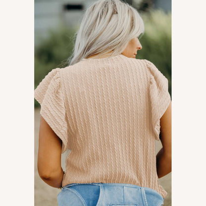 Haut beige à volants en tricot côtelé léger pour femmes – Élégant, confortable, manches fluides, col rond