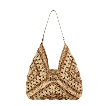 Bohemian Women's Straw Shoulder Bag – Elegant and Light, Light Brown and Black, 35 cm x 22 cm
