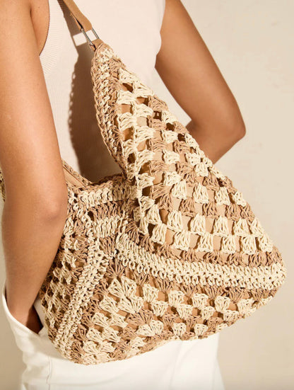 Bohemian Women's Straw Shoulder Bag – Elegant and Light, Light Brown and Black, 35 cm x 22 cm