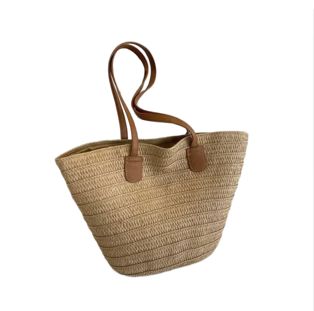 Women's Woven Straw Beach Bag – Large Elegant Basket in Beige, Green, and Khaki, Ideal for Beach and Pool