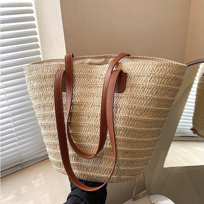Women's Woven Straw Beach Bag – Large Elegant Basket in Beige, Green, and Khaki, Ideal for Beach and Pool