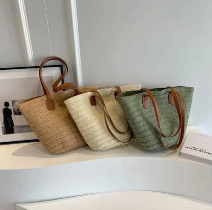 Women's Woven Straw Beach Bag – Large Elegant Basket in Beige, Green, and Khaki, Ideal for Beach and Pool