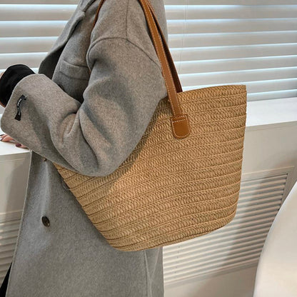 Women's Woven Straw Beach Bag – Large Elegant Basket in Beige, Green, and Khaki, Ideal for Beach and Pool