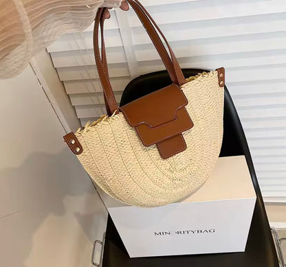 Sac cabas en paille avec cuir végétal pour femmes – Élégant et spacieux, idéal pour la plage et les sorties décontractées