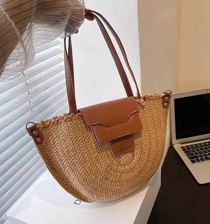 Sac cabas en paille avec cuir végétal pour femmes – Élégant et spacieux, idéal pour la plage et les sorties décontractées