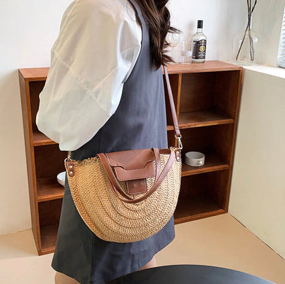 Sac cabas en paille avec cuir végétal pour femmes – Élégant et spacieux, idéal pour la plage et les sorties décontractées