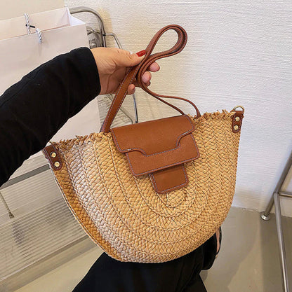 Sac cabas en paille avec cuir végétal pour femmes – Élégant et spacieux, idéal pour la plage et les sorties décontractées