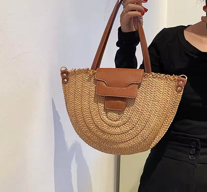 Sac cabas en paille avec cuir végétal pour femmes – Élégant et spacieux, idéal pour la plage et les sorties décontractées