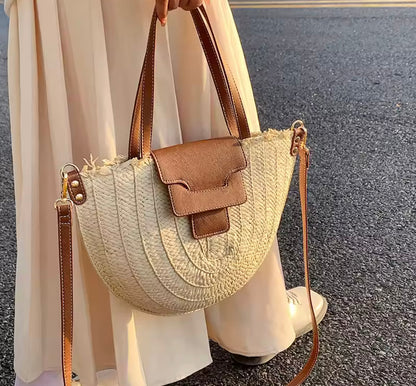 Sac cabas en paille avec cuir végétal pour femmes – Élégant et spacieux, idéal pour la plage et les sorties décontractées