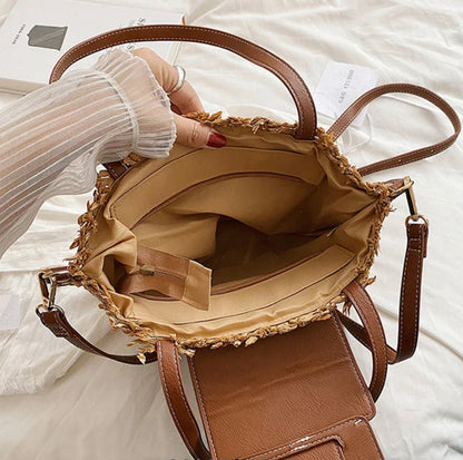 Sac cabas en paille avec cuir végétal pour femmes – Élégant et spacieux, idéal pour la plage et les sorties décontractées