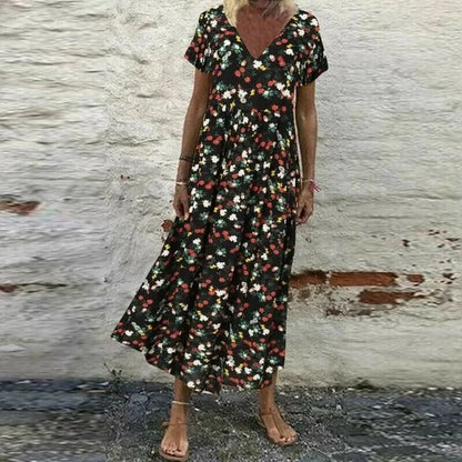 Robe d'été pour femme avec fleurs - Col en V, manches courtes, coton et rayonne, élégante et confortable