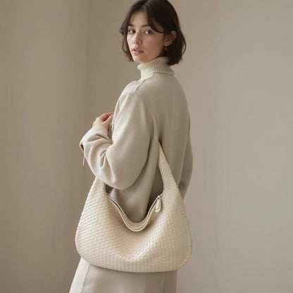 Women's Woven Leather Handbag – Elegant and Spacious with Adjustable Shoulder Strap
