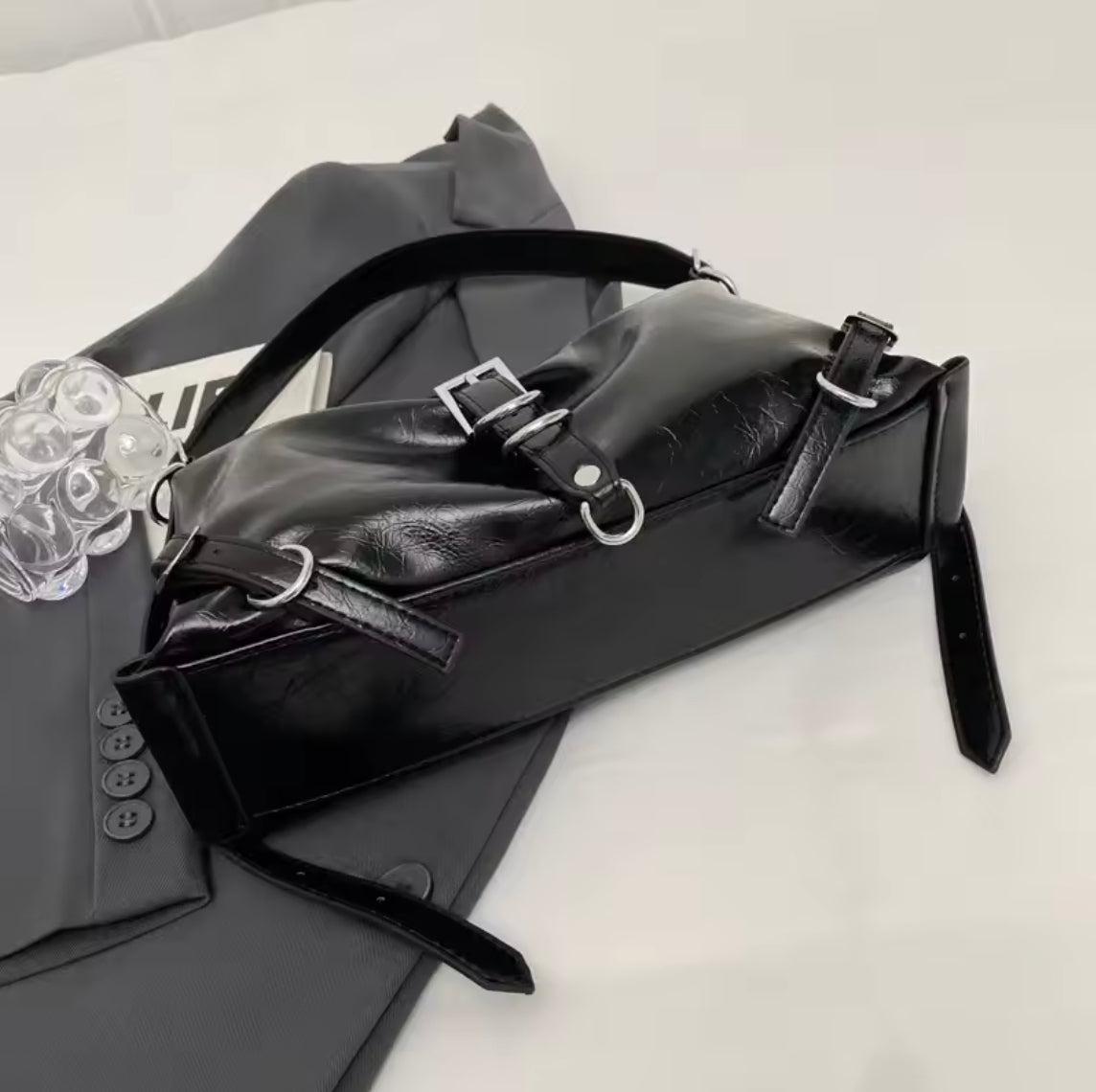 Women's Roxane Handbag in Black Leather, Rock Design with Adjustable Shoulder Strap and Spacious Interior