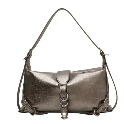 Women's Roxane Handbag in Black Leather, Rock Design with Adjustable Shoulder Strap and Spacious Interior