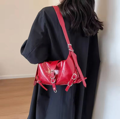 Women's Roxane Handbag in Black Leather, Rock Design with Adjustable Shoulder Strap and Spacious Interior