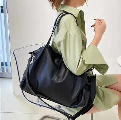 Large Women's Leather Handbag with Multiple Pockets, Adjustable Shoulder Strap – Elegant and Spacious Black or Brown