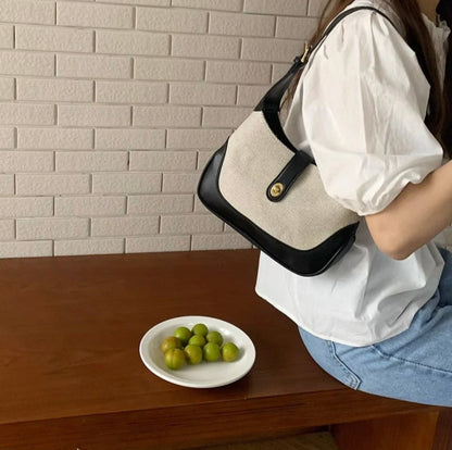 Women's Dalia Two-Tone Shoulder Bag in Textured Canvas with Vegan Leather Trims and Adjustable Shoulder Strap – 26 x 7 x 16 cm