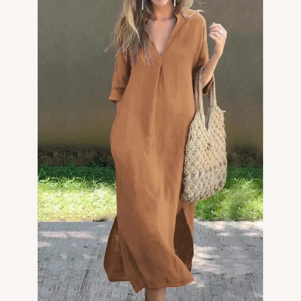 Robe longue en lin pour femme avec encolure en V et poches – Élégante et confortable, disponible en plusieurs couleurs