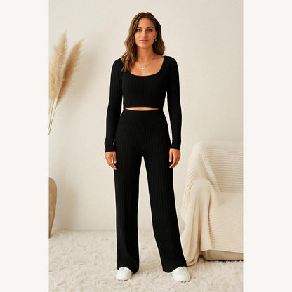 Ensemble détente côtelé 2 pièces femme – Haut court à manches longues et pantalon large taille haute beige