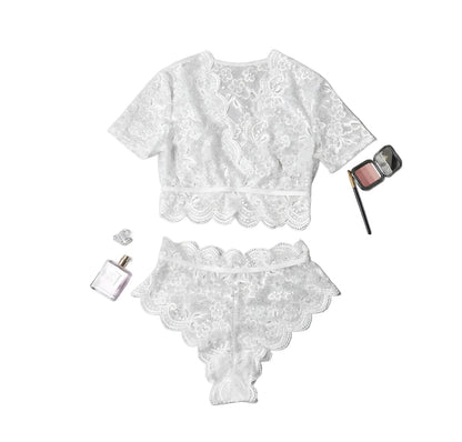 Ensemble de lingerie en dentelle au crochet séduisante avec détails en tulle pour femmes – Sous-vêtements élégants et sensuels