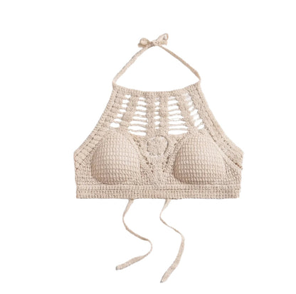 Haut court crocheté bohème chic pour femme – Haut court blanc avec lien au cou pour un look estival élégant