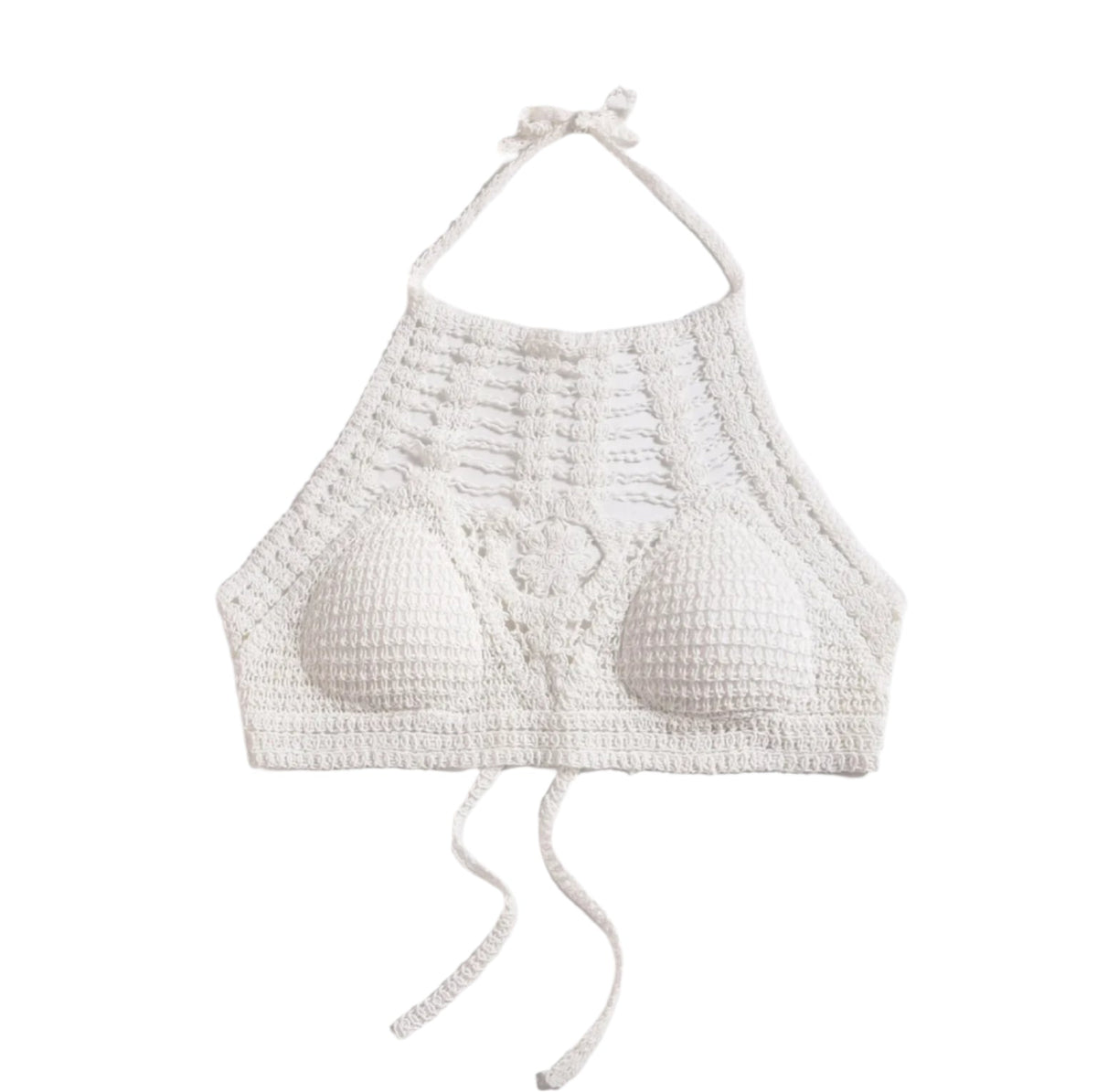Haut court crocheté bohème chic pour femme – Haut court blanc avec lien au cou pour un look estival élégant