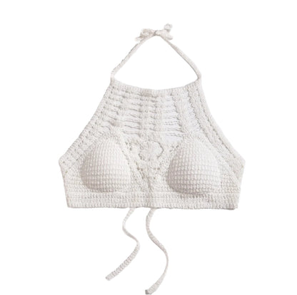 Haut court crocheté bohème chic pour femme – Haut court blanc avec lien au cou pour un look estival élégant