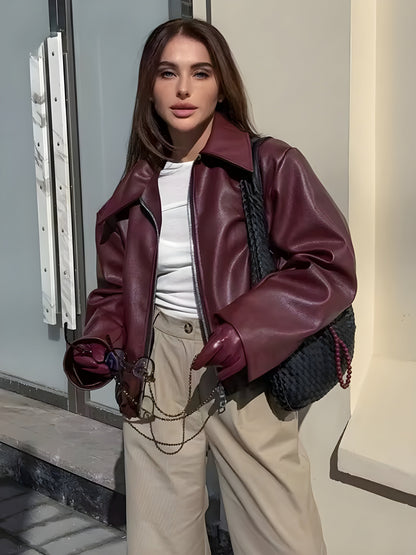Veste zippée rouge Bordeaux pour femme Taille M Cuir synthétique