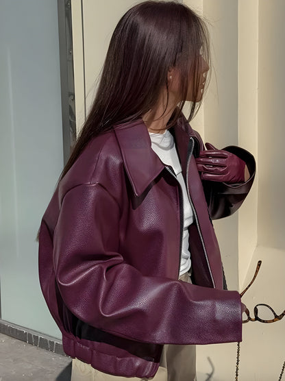 Veste zippée rouge Bordeaux pour femme Taille M Cuir synthétique
