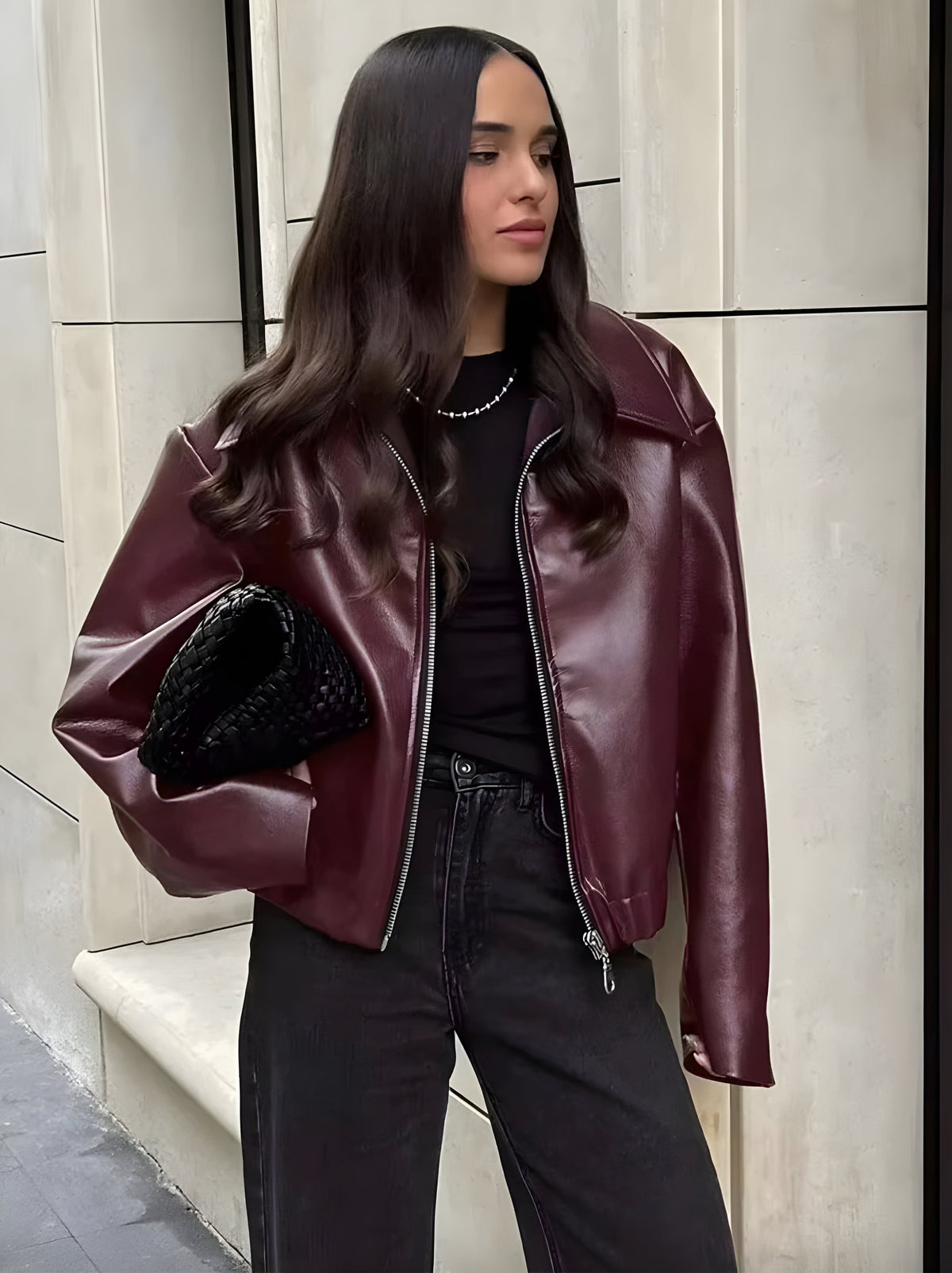 Veste zippée rouge Bordeaux pour femme Taille M Cuir synthétique